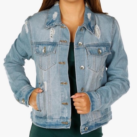 CI SONO Light Denim Distressed Jean Jacket Coat Destroyed Casual Trendy Large - Picture 1 of 9